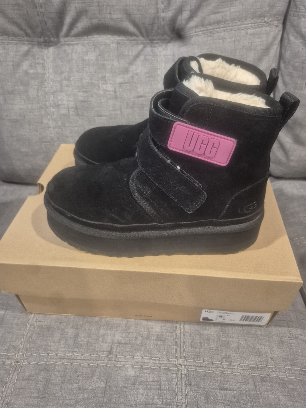 UGG Women’s Black Suede Ankle Boots with Pink Logo Strap